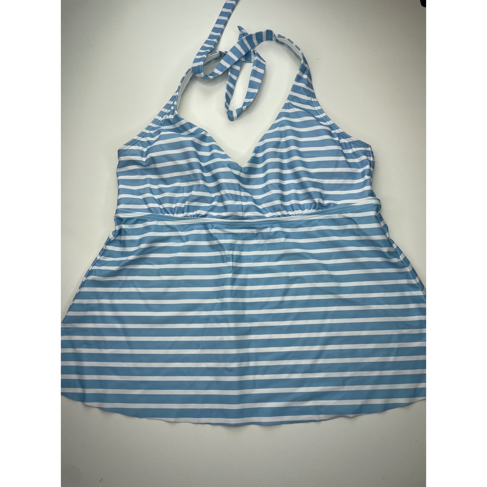Lands End Blue White Striped Halter Tankini Swim Top 551645 Large 14-16